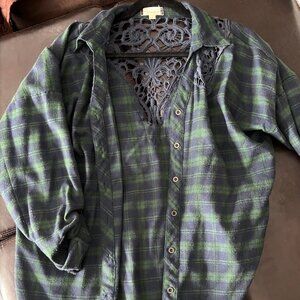 Vintage Francesca's Embroidered Green/Blue Flannel Oversized